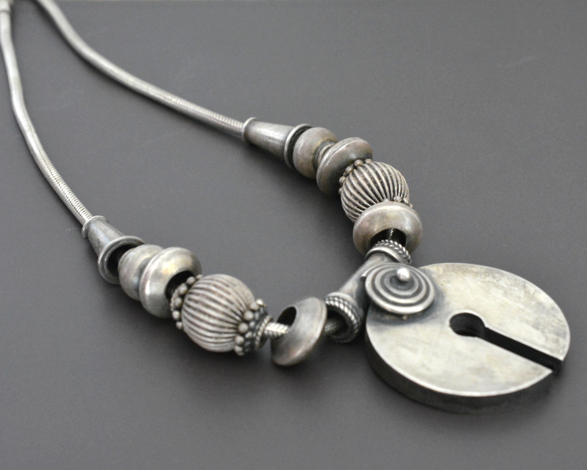 Indian Amulet Silver Beads Necklace with Snake Chain