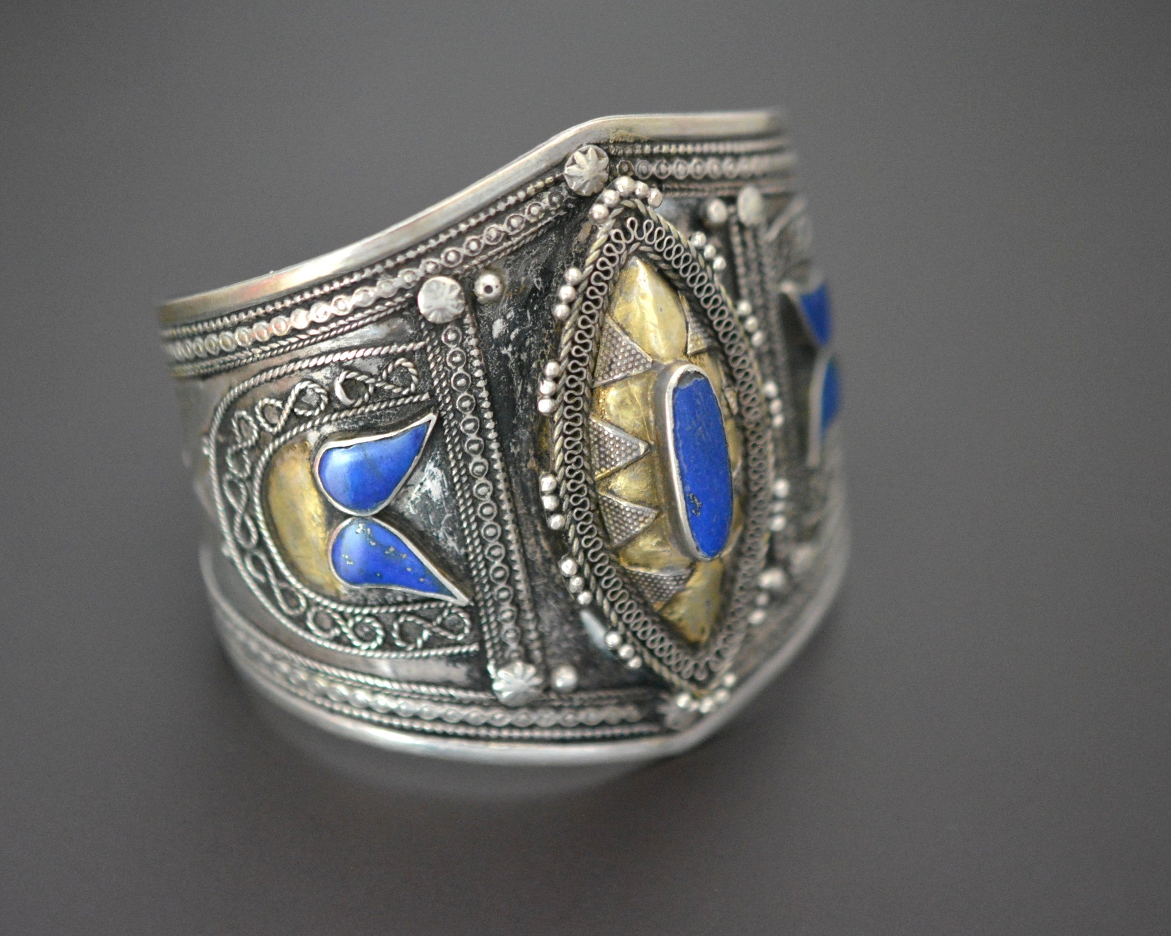 Vintage Kazakh Silver Gilded Lapis Lazuli Cuff Bracelet