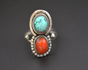 Vintage Nepali Coral Turquoise Ring - Size 8.25