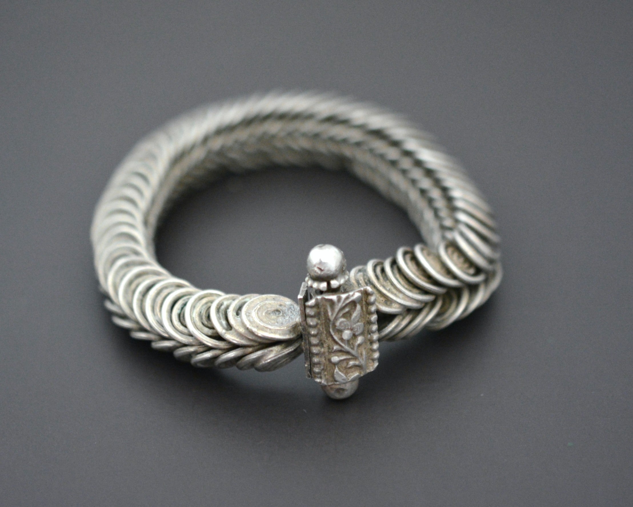 XSmall Ethnic Tribal Indian Silver Bracelet - Hinged - XS