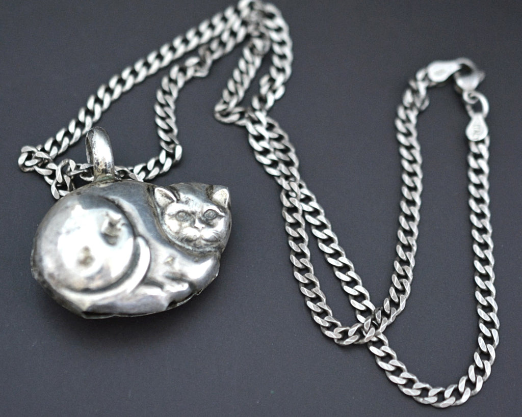 Cat Bell Pendant on Silver Chain Necklace