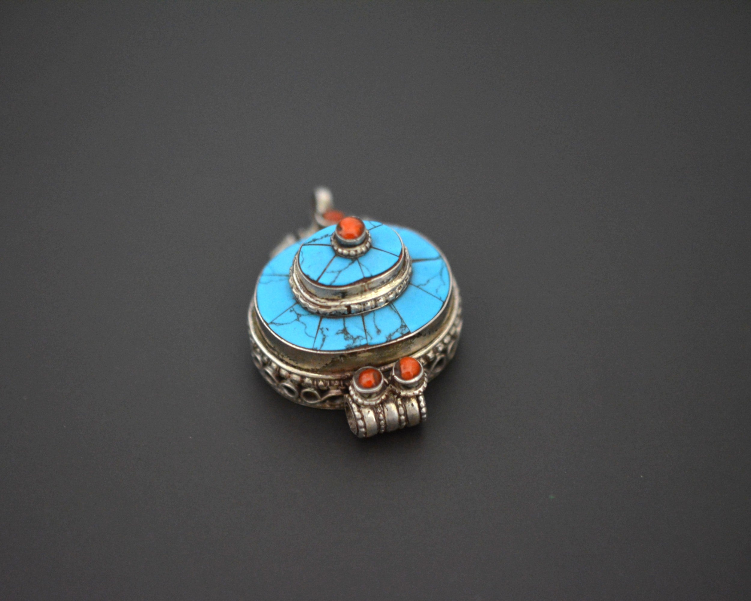 Tibetan Turquoise and Coral Gau Box Pendant