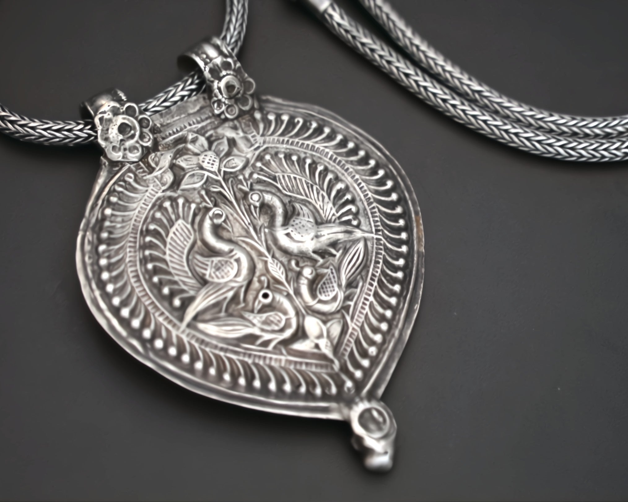 Rajasthani Silver Peacock Pendant on Snake Chain