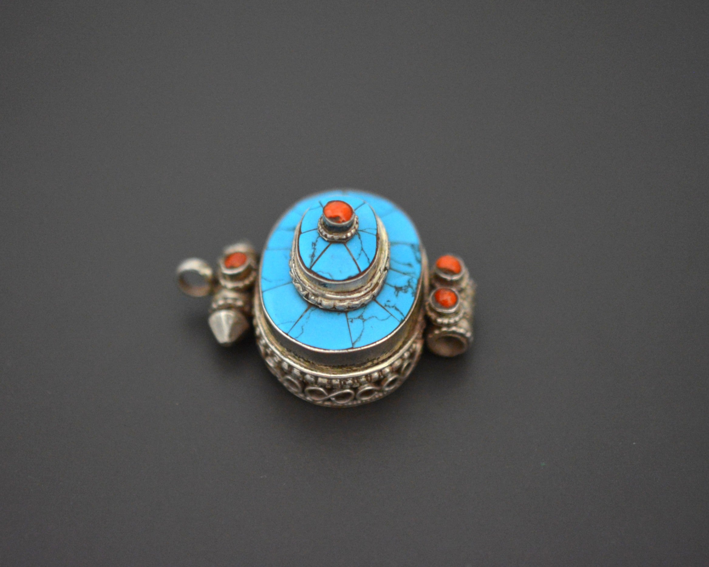 Tibetan Turquoise and Coral Gau Box Pendant