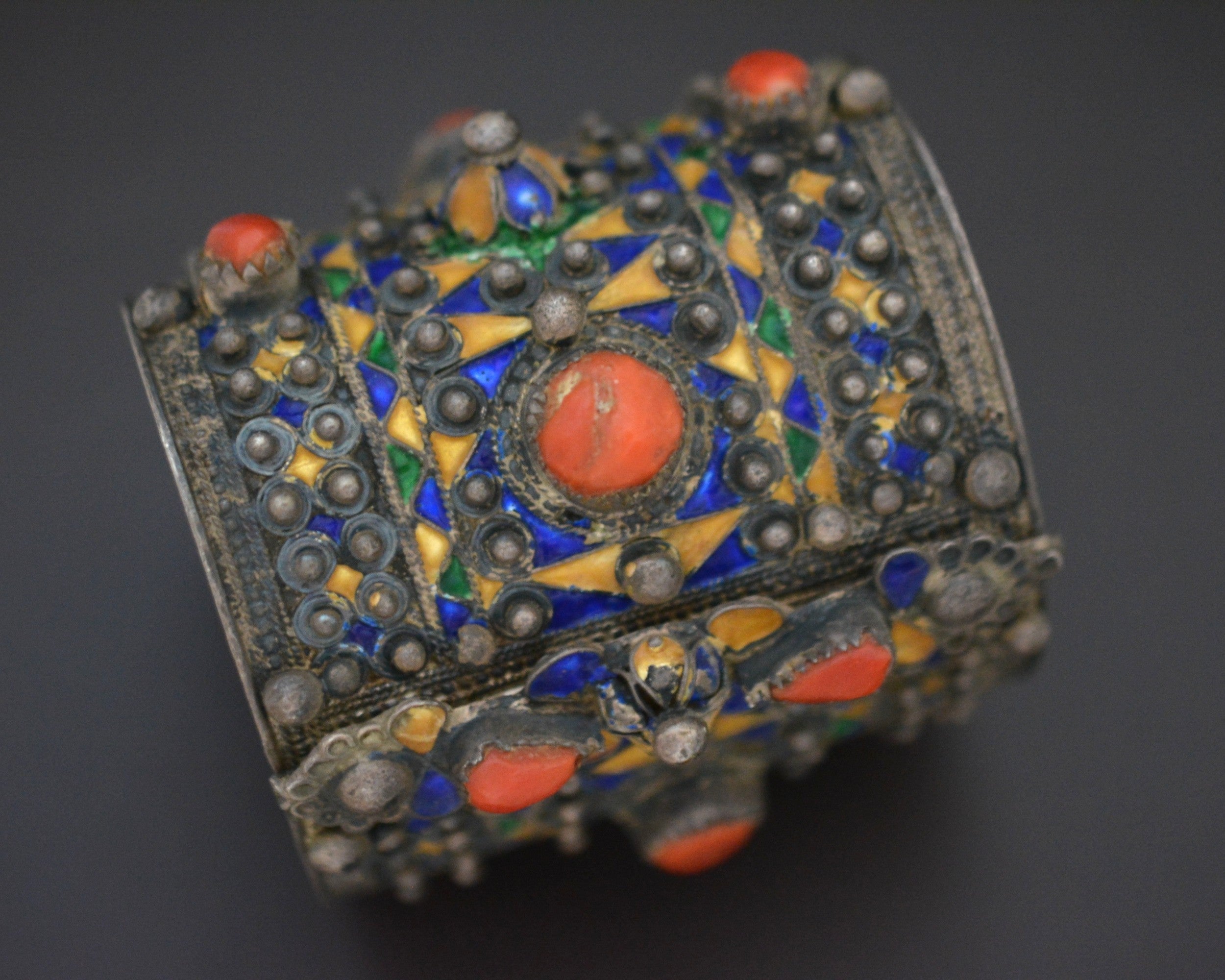 Berber Kabyle Coral Enamel Bracelet - Hinged