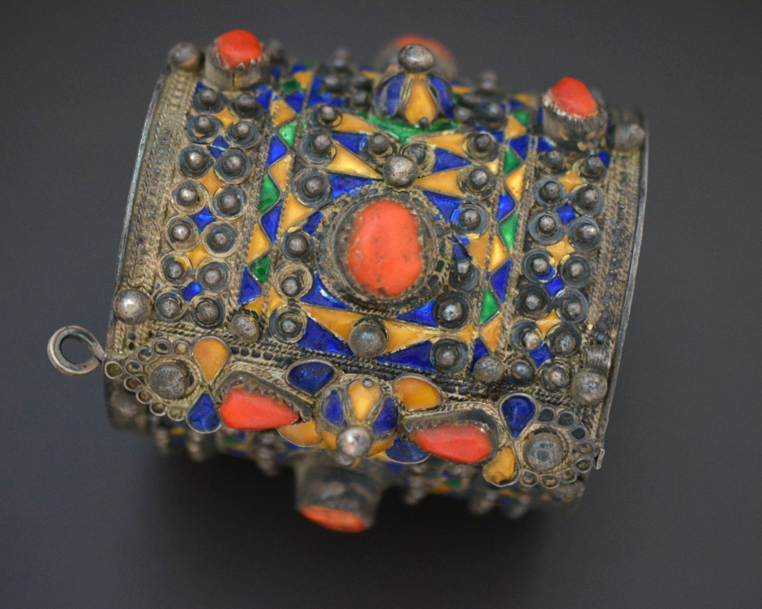 Berber Kabyle Coral Enamel Bracelet - Hinged