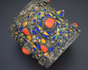 Berber Kabyle Coral Enamel Bracelet - Hinged