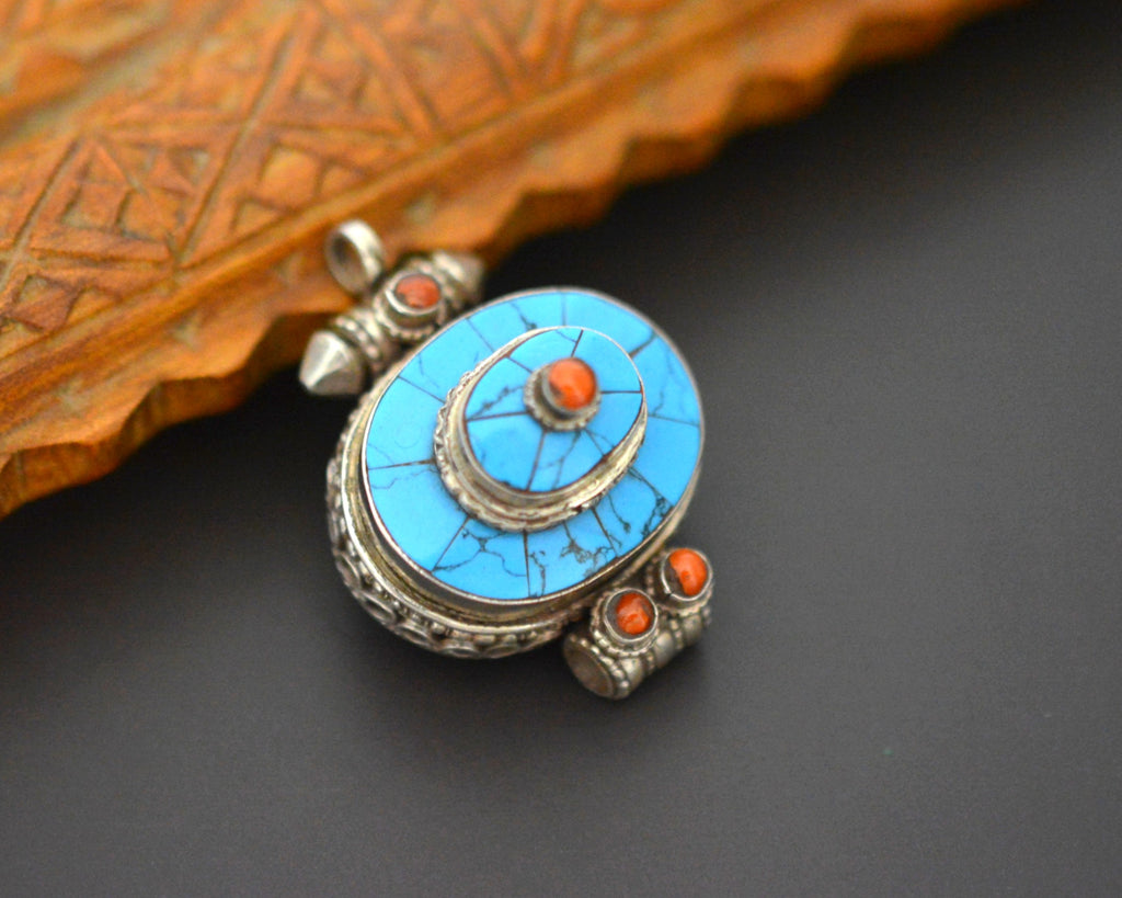 Tibetan Turquoise and Coral Gau Box Pendant