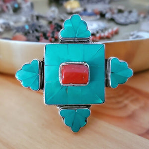 Large Tibetan Gau Box Pendant with Coral and Turquoise