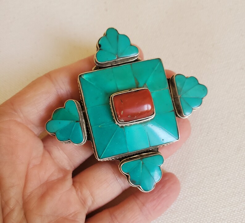 Large Tibetan Gau Box Pendant with Coral and Turquoise