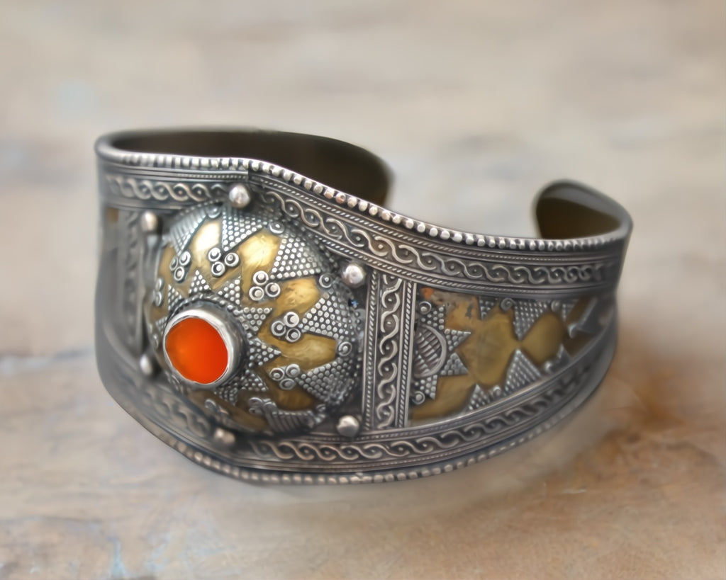 Vintage Kazakh Silver Carnelian Gilded Cuff Bracelet