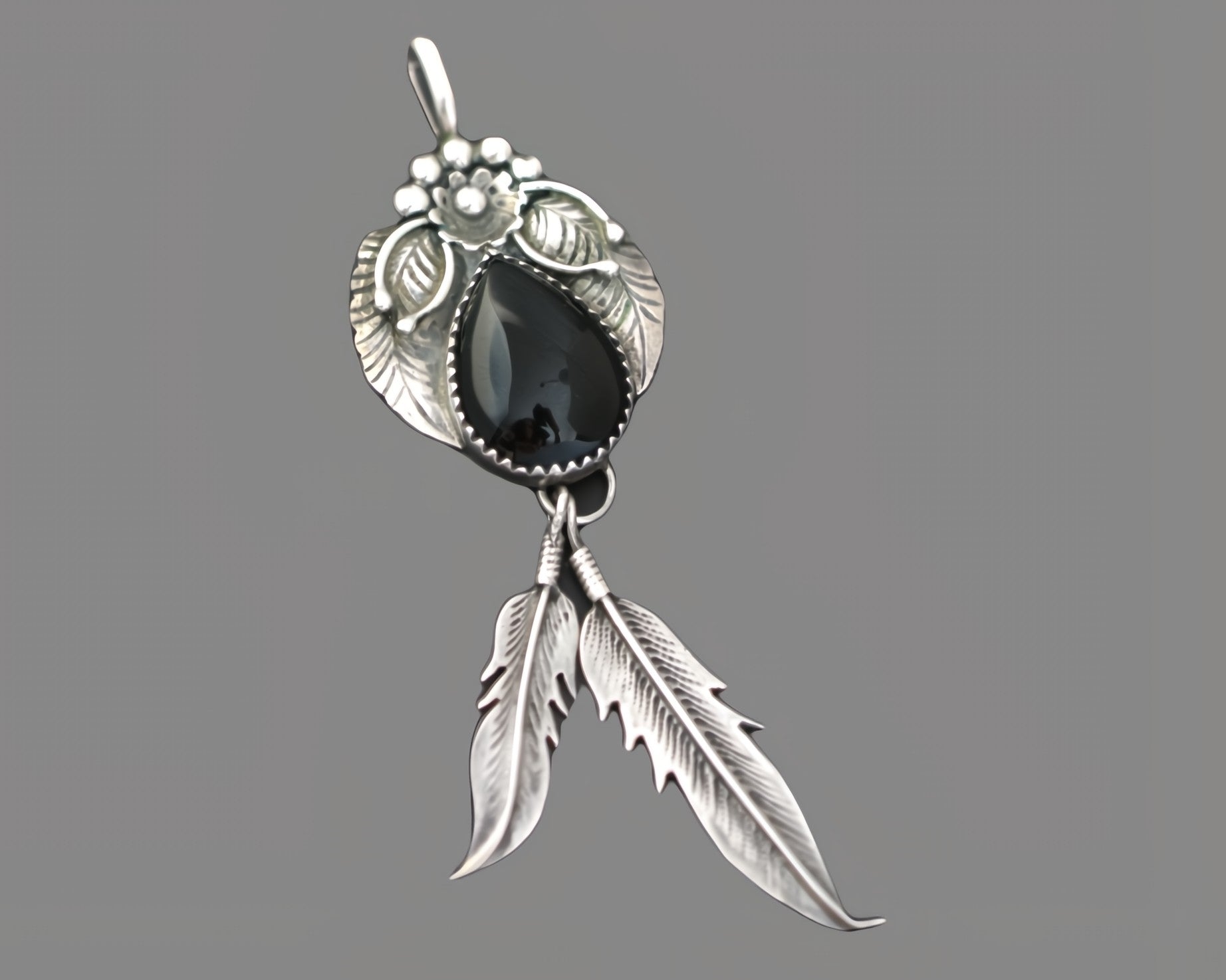 Native American Navajo Onyx Feather Pendant