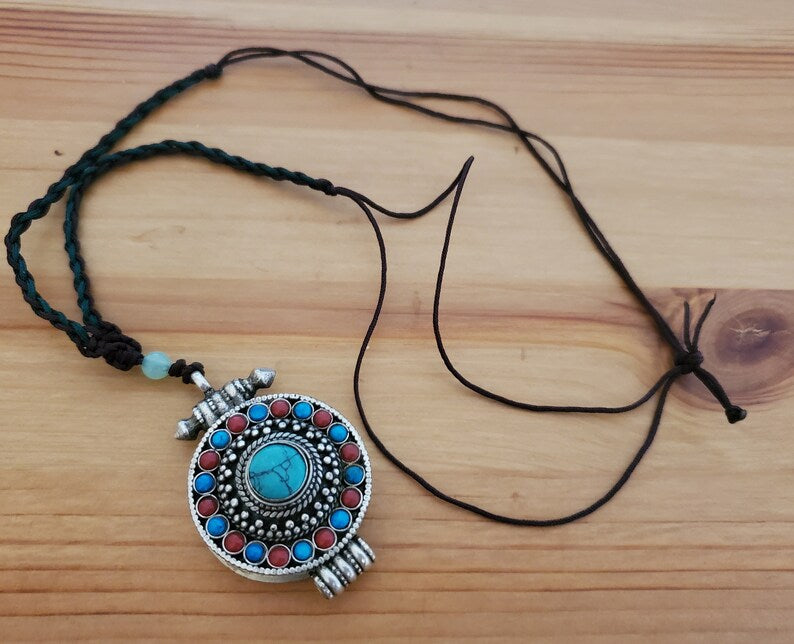 Tibetan Gau Box Pendant with Coral and Turquoise Necklace