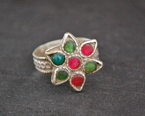 Rajasthani Flower Ring with Glass Stones - Size 6.5