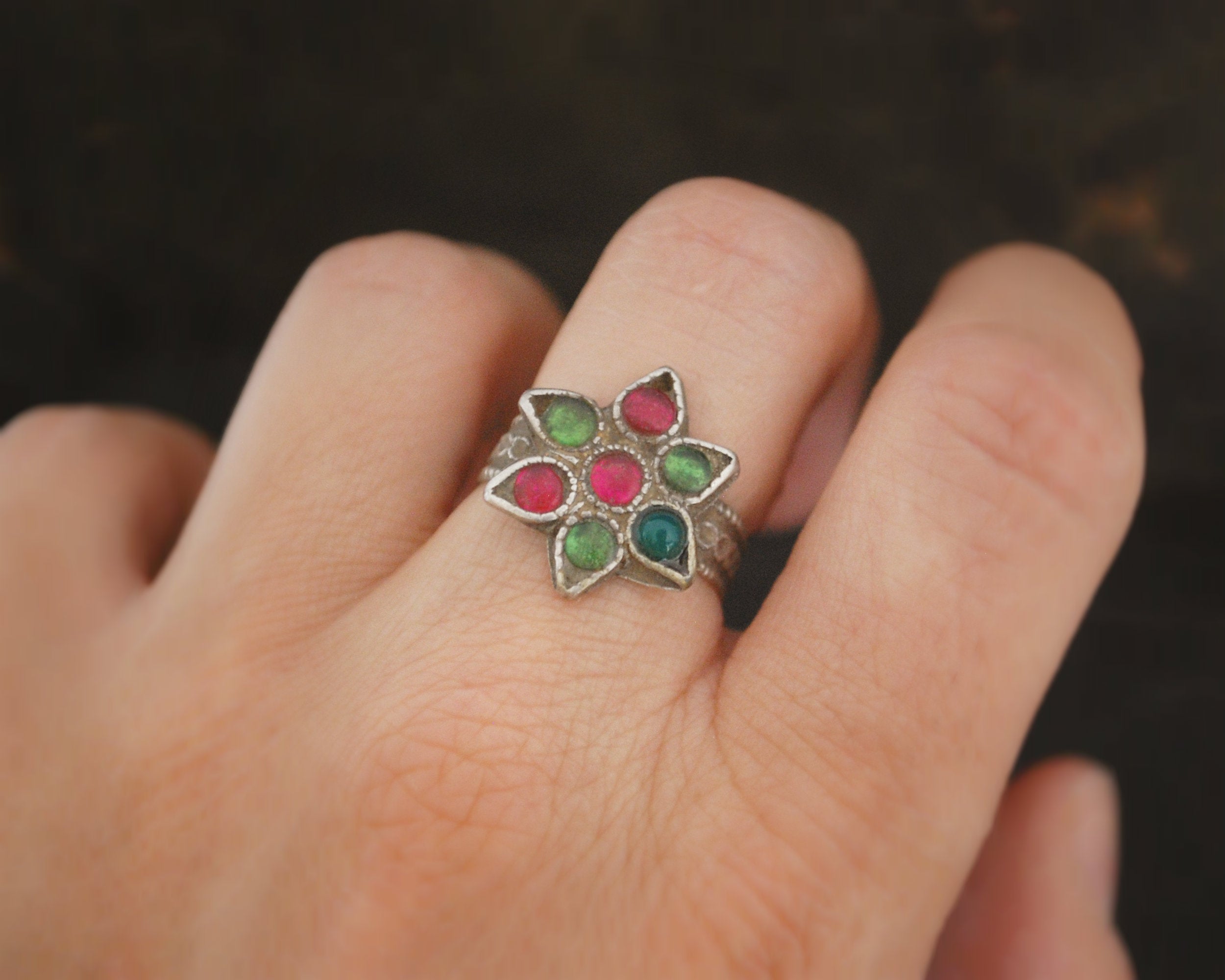 Rajasthani Flower Ring with Glass Stones - Size 6.5