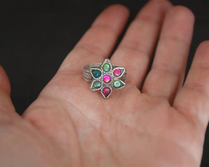 Rajasthani Flower Ring with Glass Stones - Size 6.5