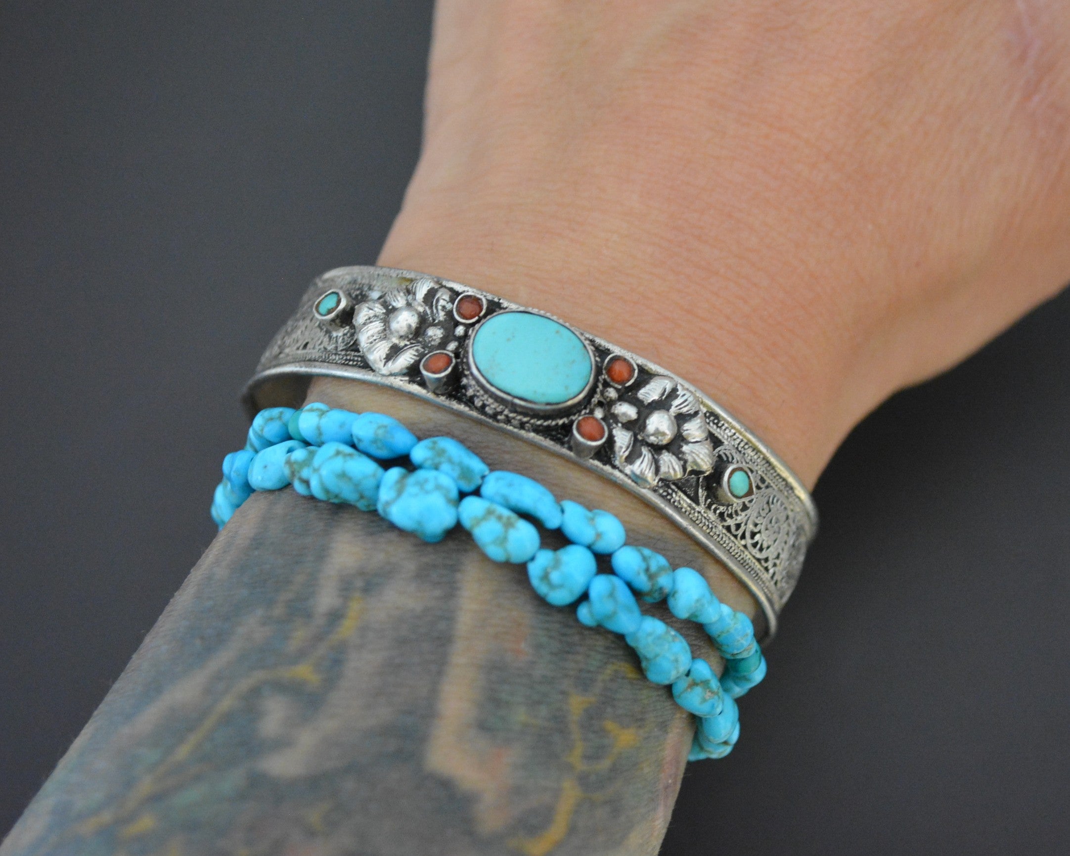 Nepali Turquoise Coral Cuff Bracelet with Filigree Work - SMALL
