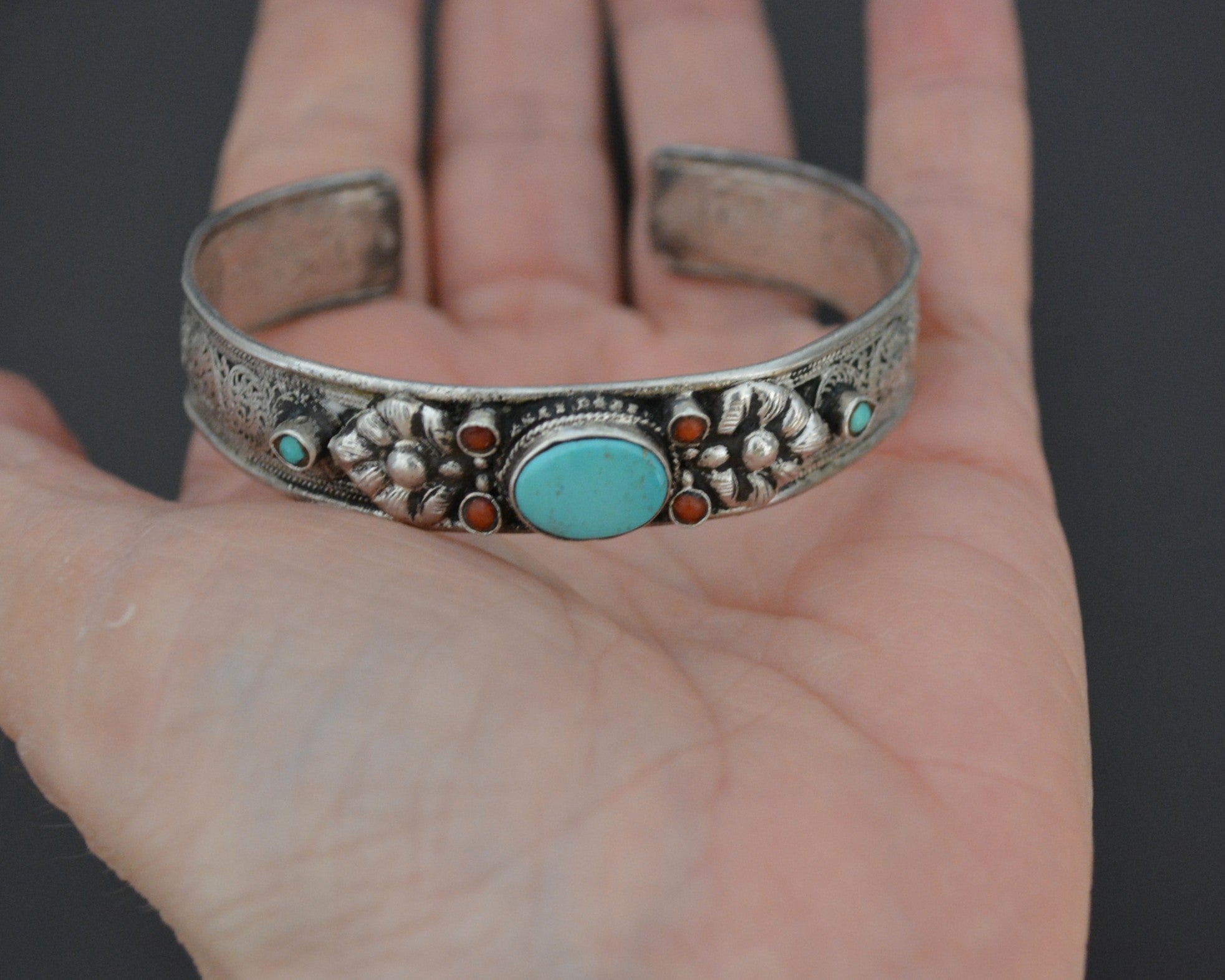 Nepali Turquoise Coral Cuff Bracelet with Filigree Work - SMALL