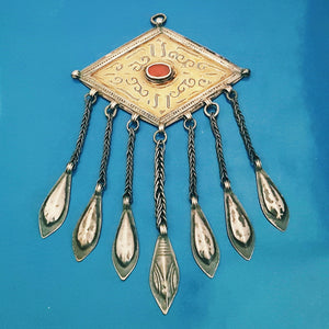 Antique Turkmen Tschapraz Pendant with Carnelian and Dangles