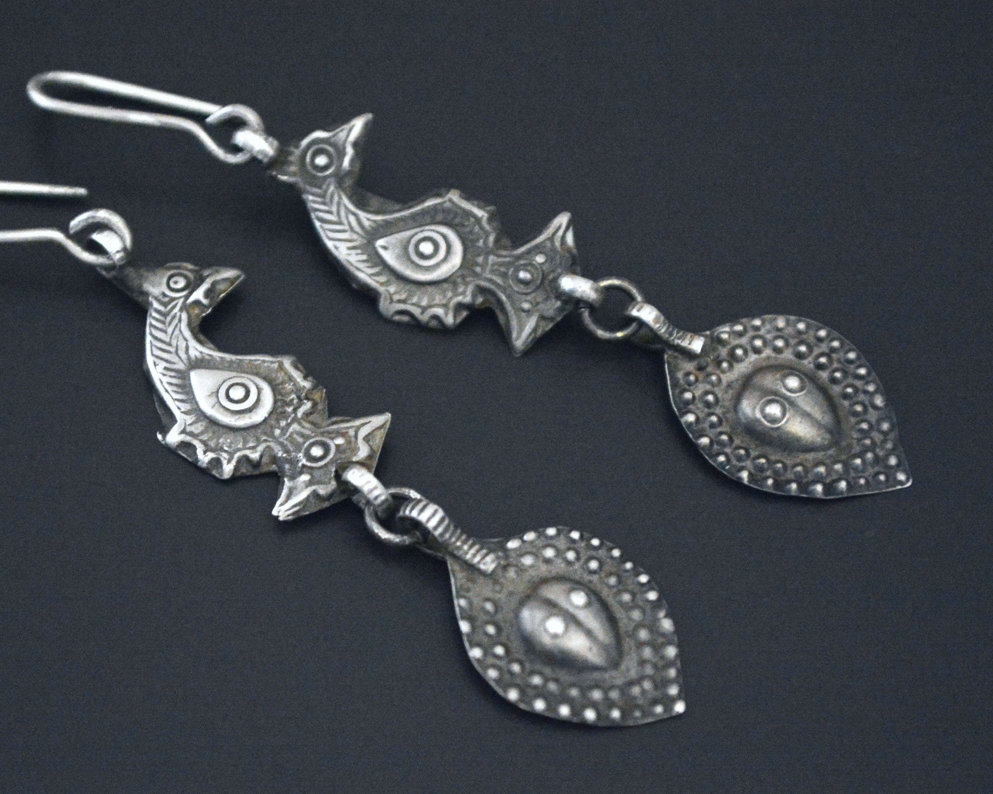 Old Uzbek Silver Dangle Earrings with Animal