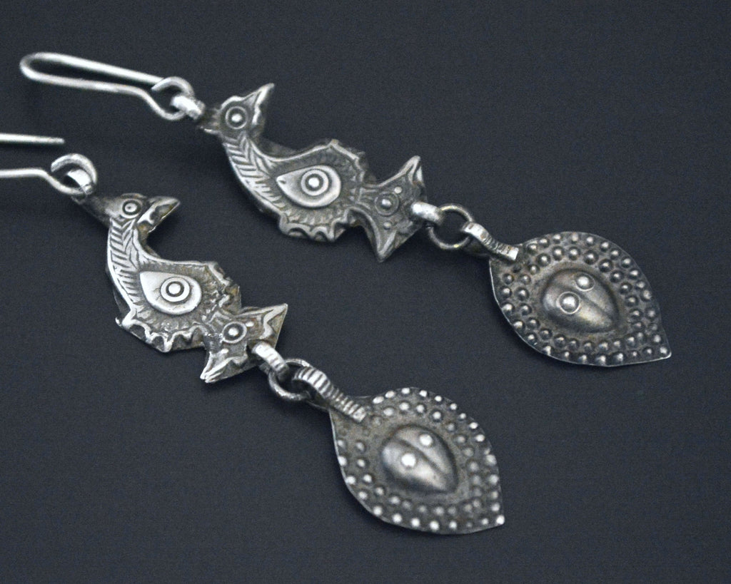 Old Uzbek Silver Dangle Earrings with Animal