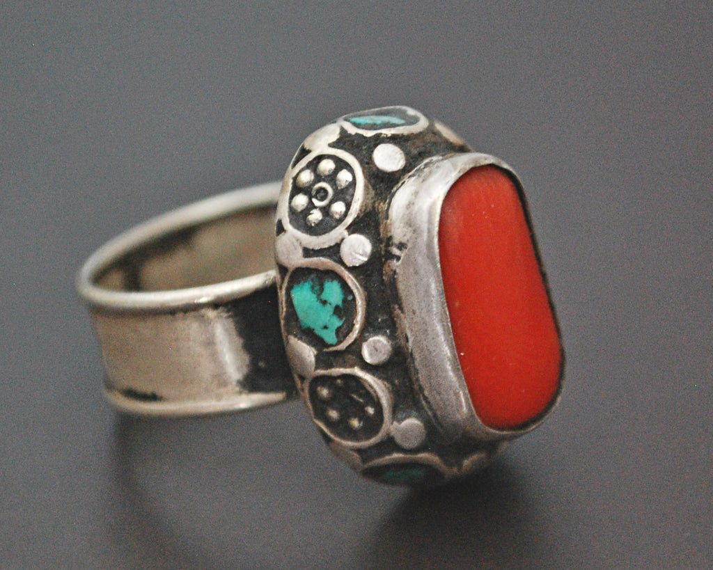 Tibetan Coral Turquoise Ring - Size 7.5