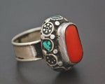 Tibetan Coral Turquoise Ring - Size 7.5