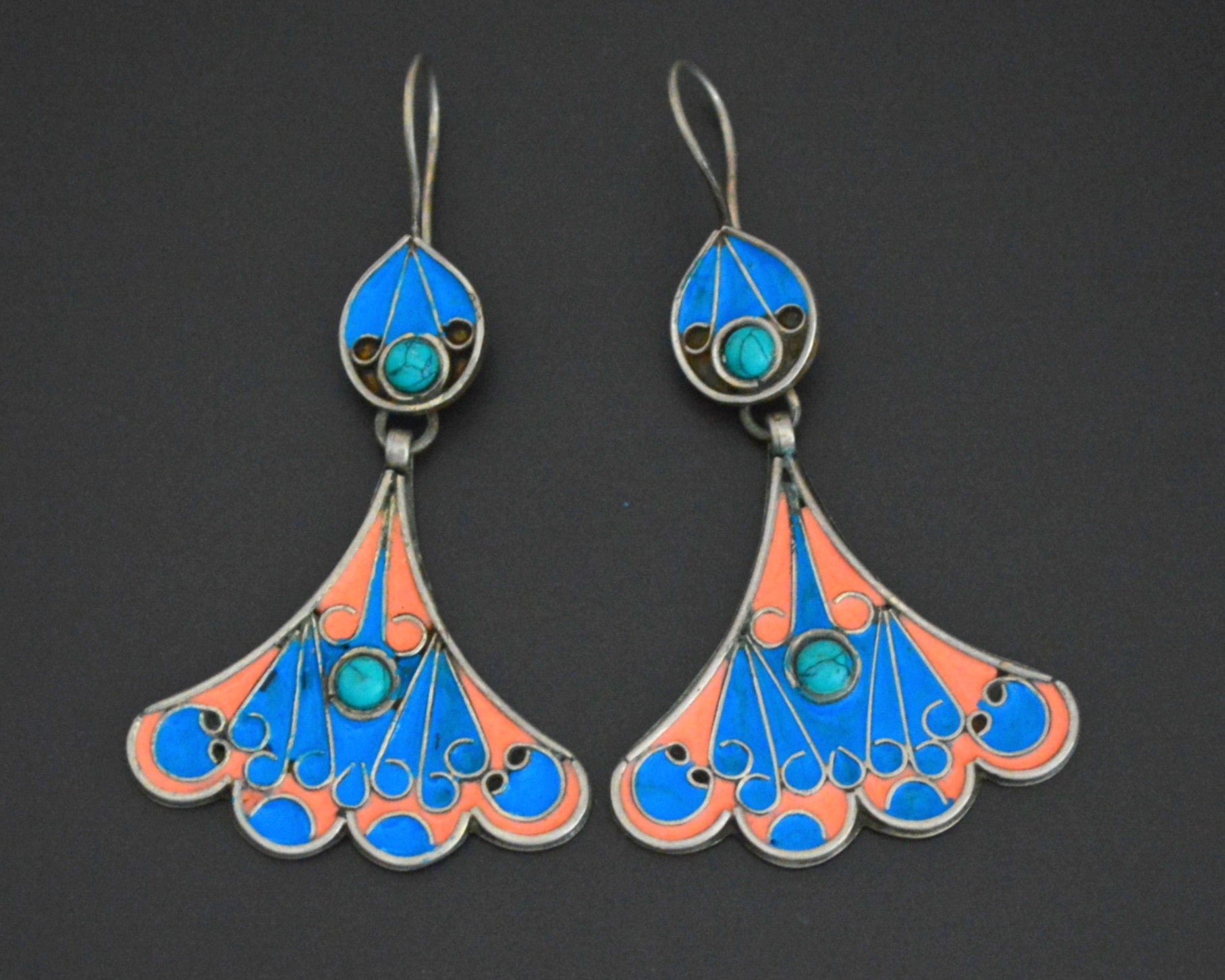 Pretty Turkmen Earrings with Enamel and Turquoise
