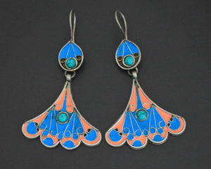 Pretty Turkmen Earrings with Enamel and Turquoise