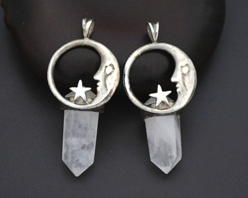 Rose Quartz Point Crescent Moon and Star Pendant