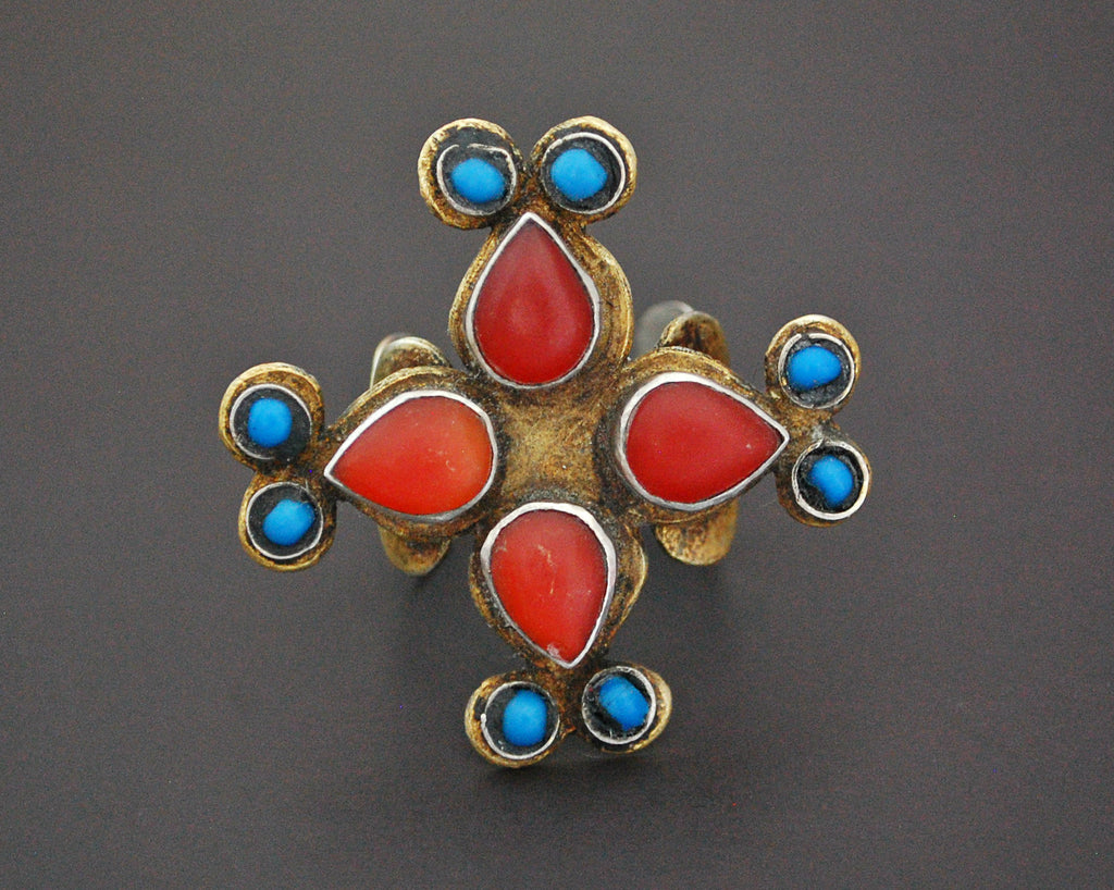 Vintage Turkmen Gilded Ring with Carnelian and Turquoise - Size 9