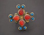 Vintage Turkmen Gilded Ring with Carnelian and Turquoise - Size 9