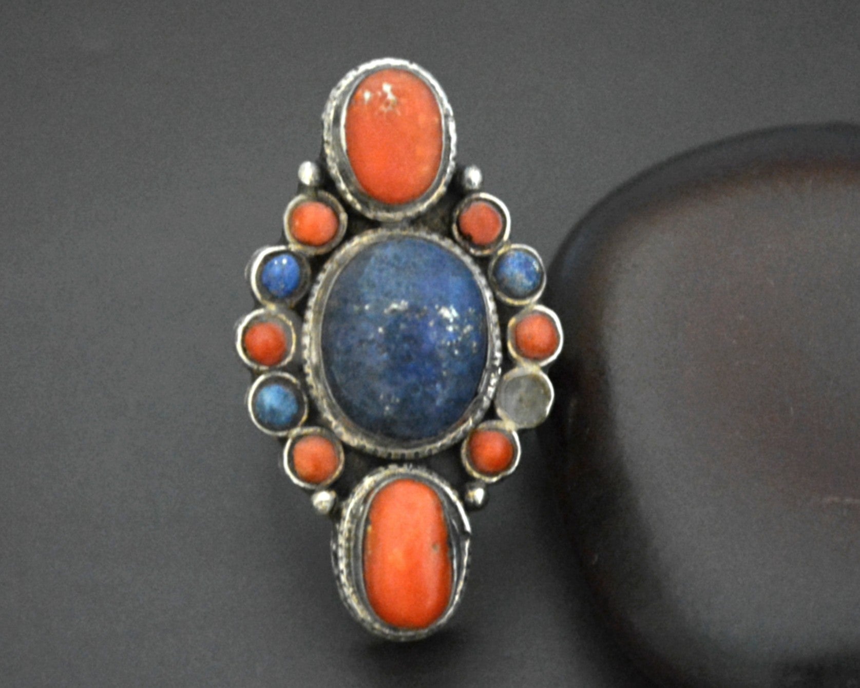 Vintage Nepali Lapis Lazuli Coral Ring - Size 7.5