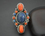 Vintage Nepali Lapis Lazuli Coral Ring - Size 7.5