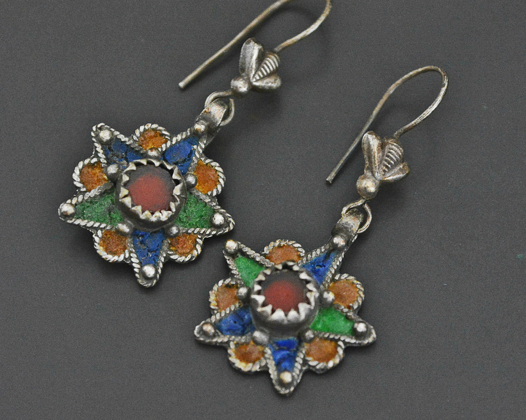 Berber Enamel Star Earrings with Red Glass
