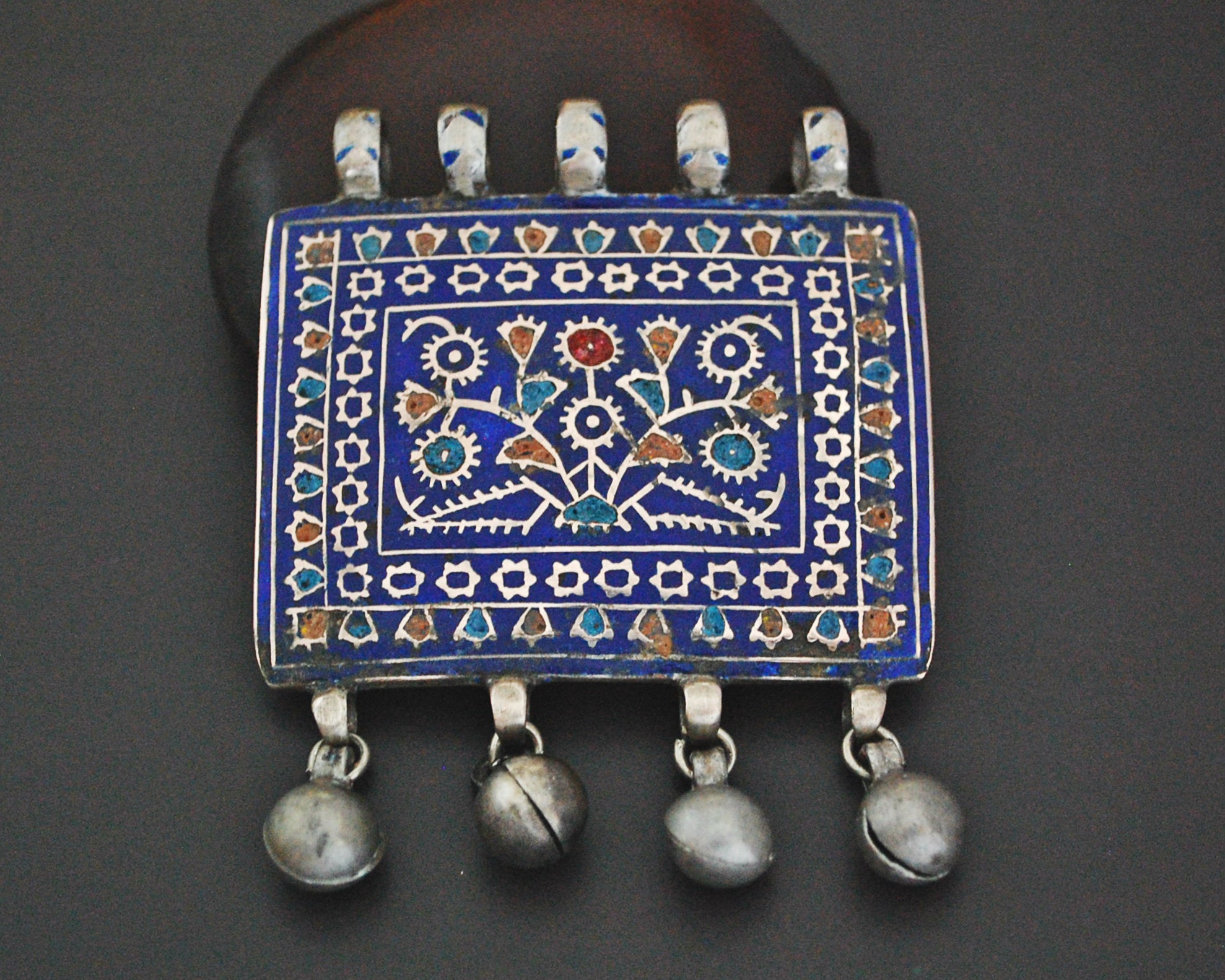 Multan Enamel Silver Pendant with Bells