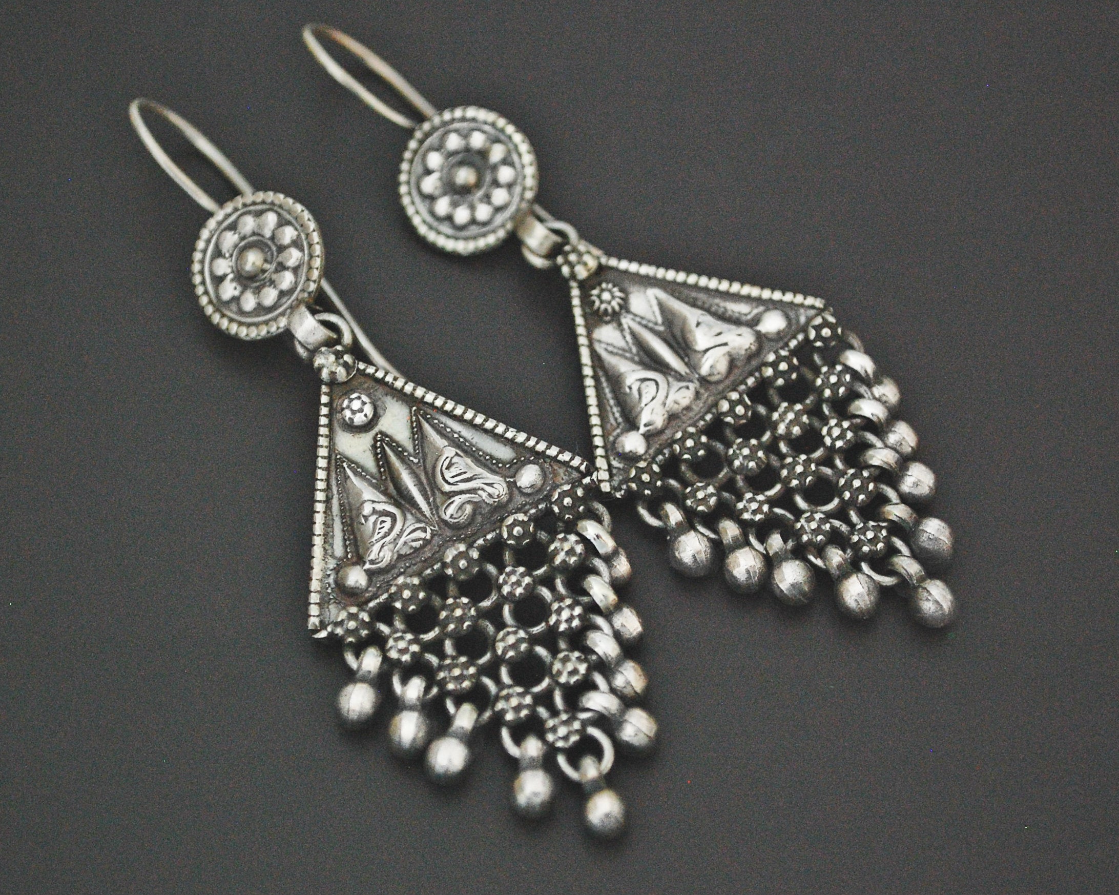 Long Rajasthani Silver Earrings with Dangles
