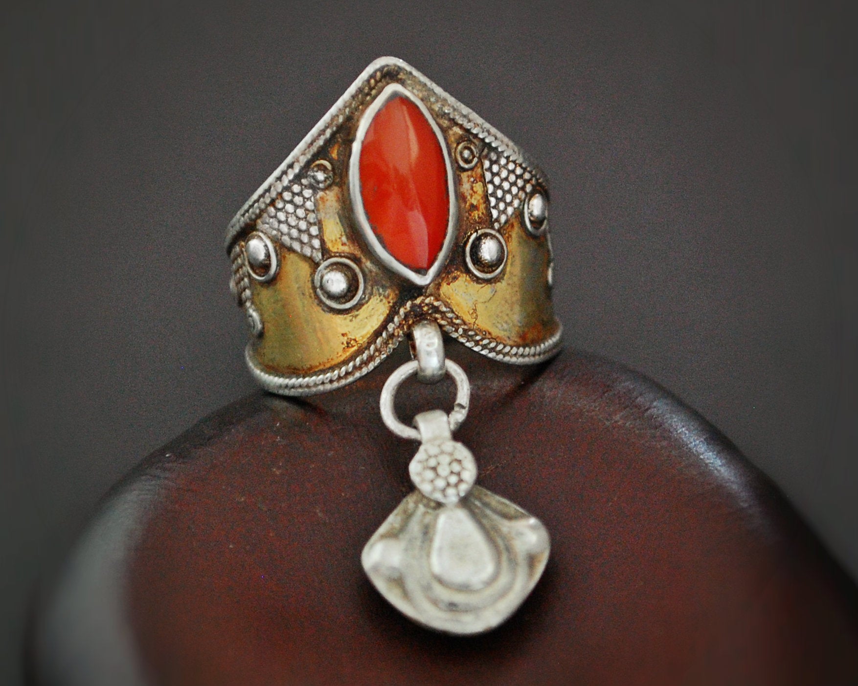 Vintage Kazakh Carnelian Gilded Silver Ring - Size 9.5+