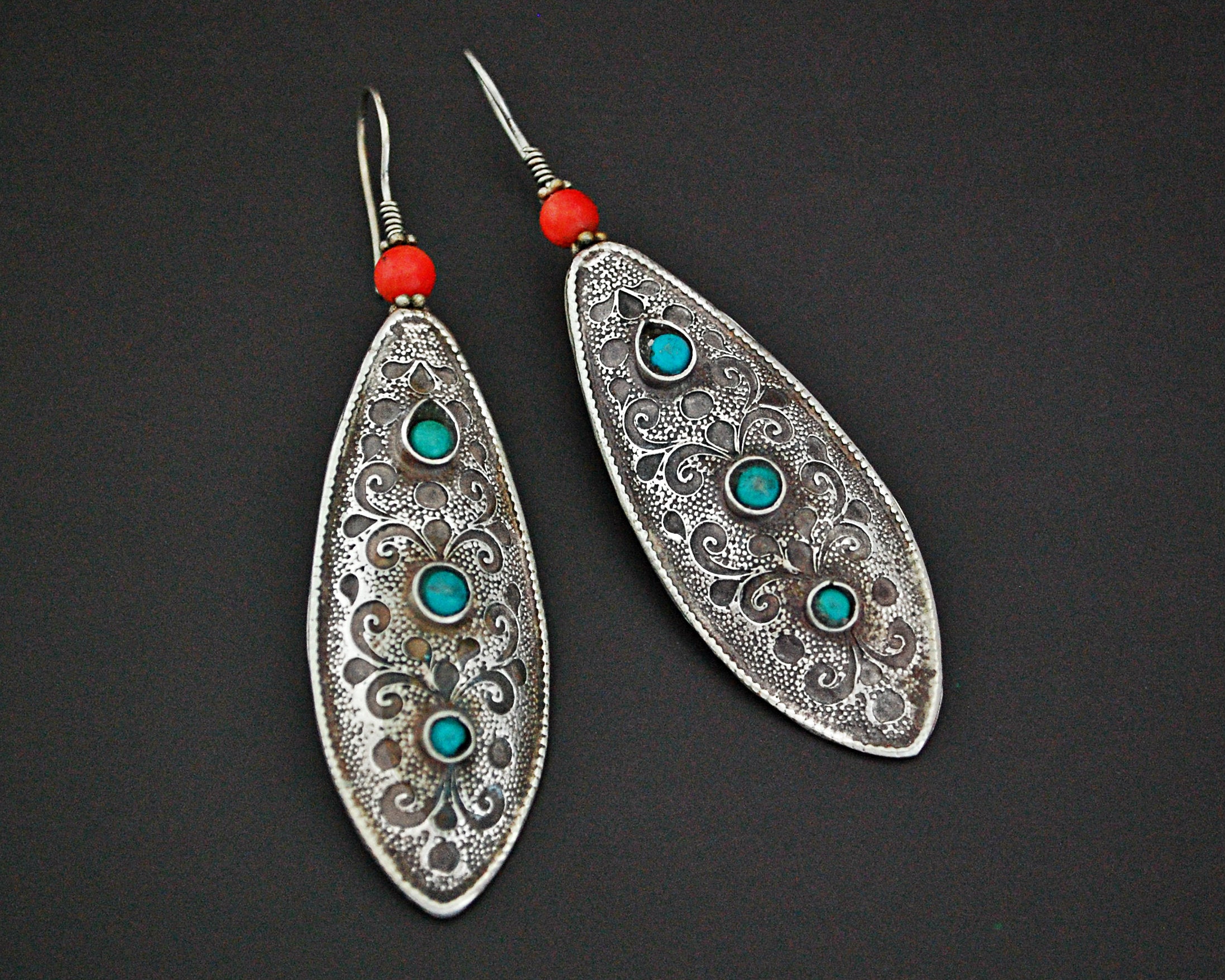 Ethnic Coral Turquoise Long Earrings