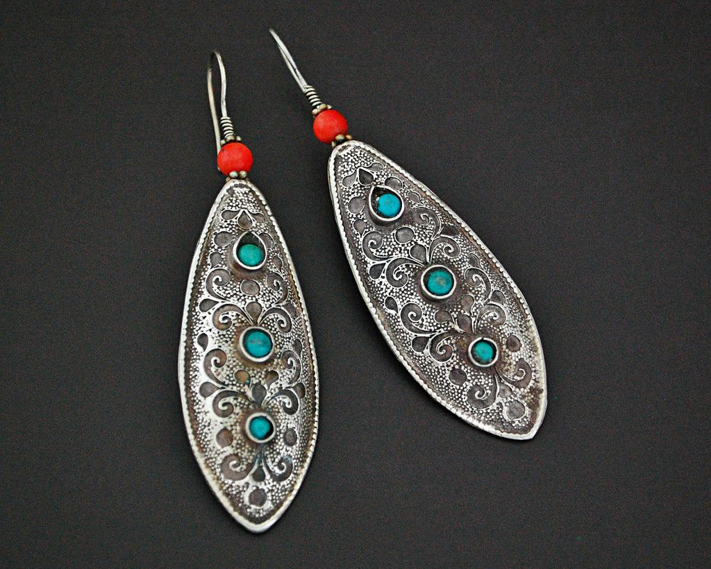 Ethnic Coral Turquoise Long Earrings