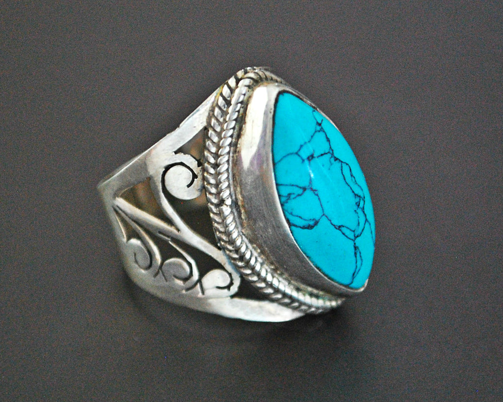 Ethnic Turquoise Ring with Openwork - Size 6