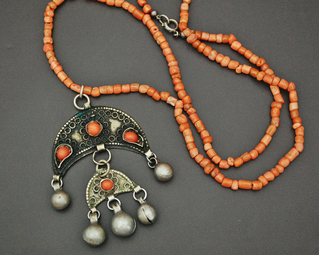Coral Crescent Bell Dangles Necklace