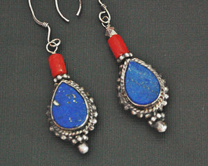 Tibetan Nepali Coral Lapis Lazuli Dangle Earrings