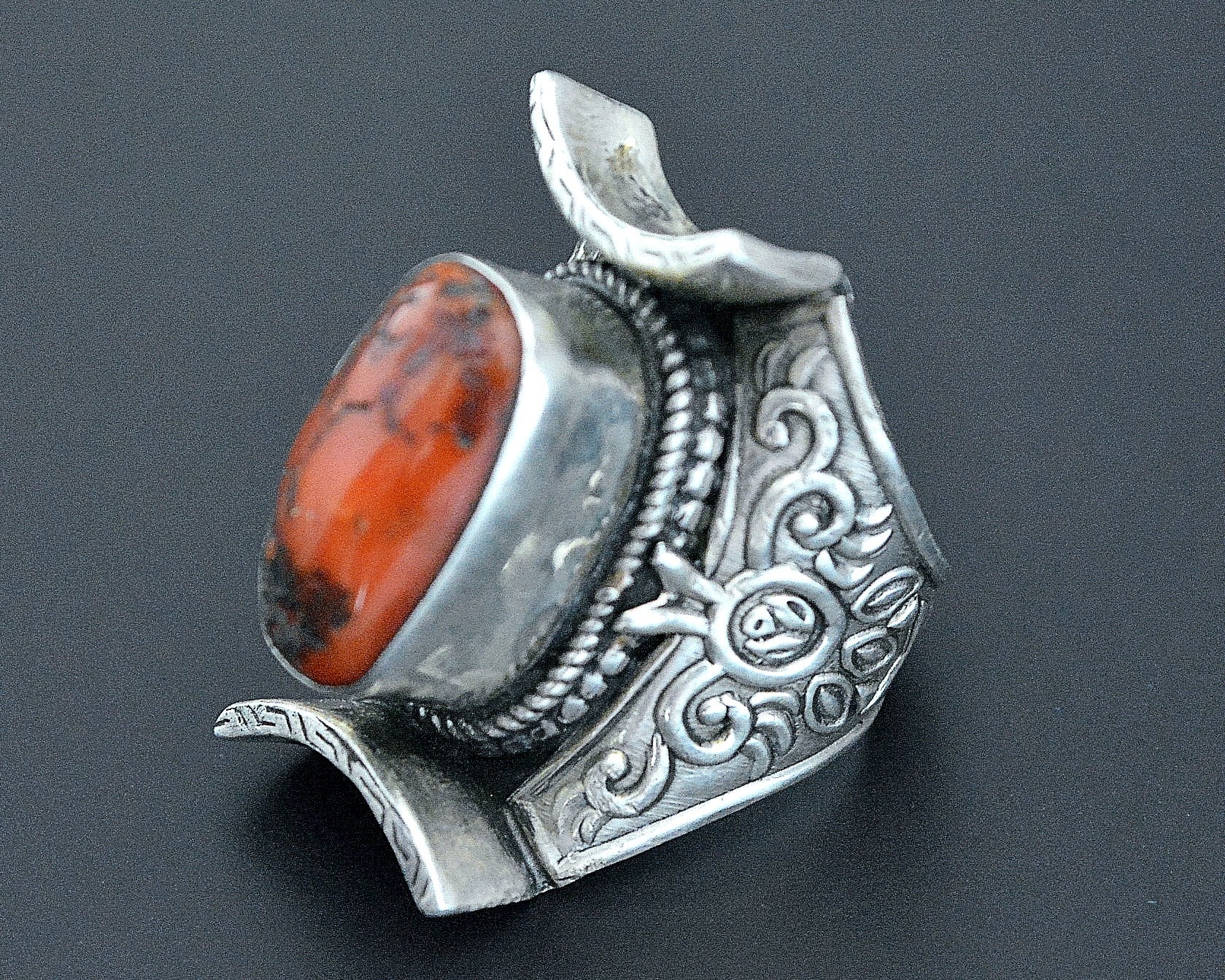 Bold Nepali Coral Saddle Ring - Size 8.75