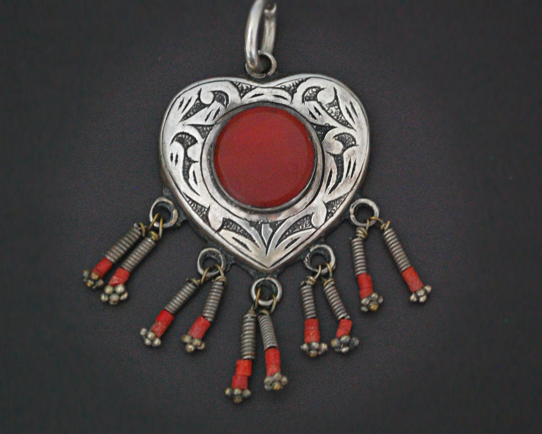 Turkmen Carnelian Heart Shaped Pendant with Coral Dangles