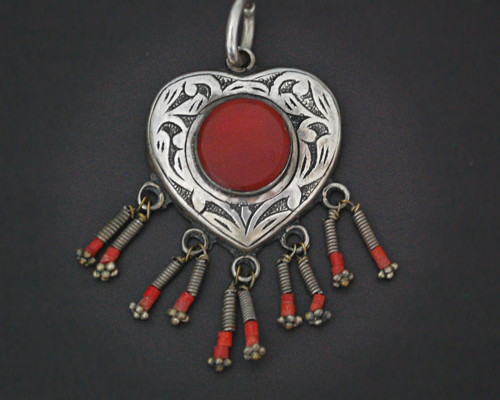 Turkmen Carnelian Heart Shaped Pendant with Coral Dangles