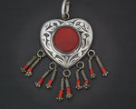 Turkmen Carnelian Heart Shaped Pendant with Coral Dangles