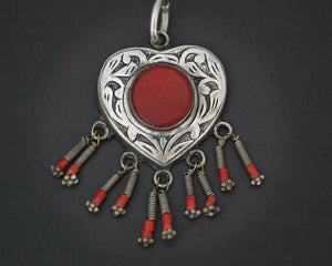 Turkmen Carnelian Heart Shaped Pendant with Coral Dangles