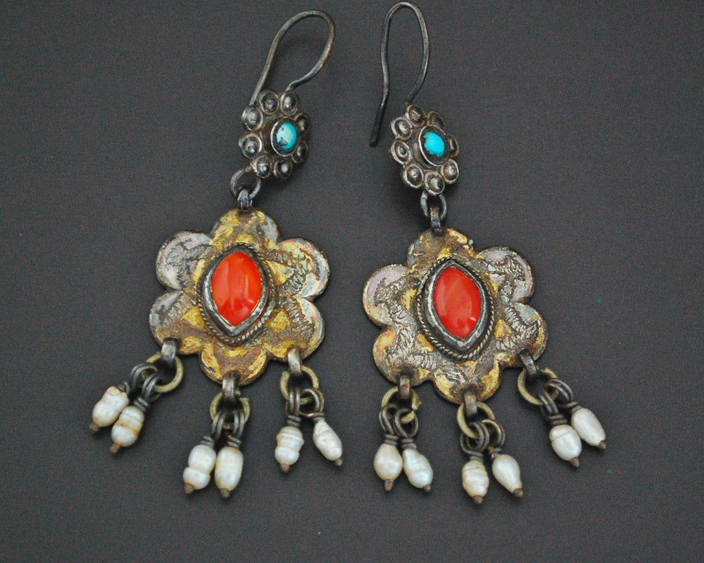 Turkmen Gilded Earrings with Carnelian, Pearls and Turquoise