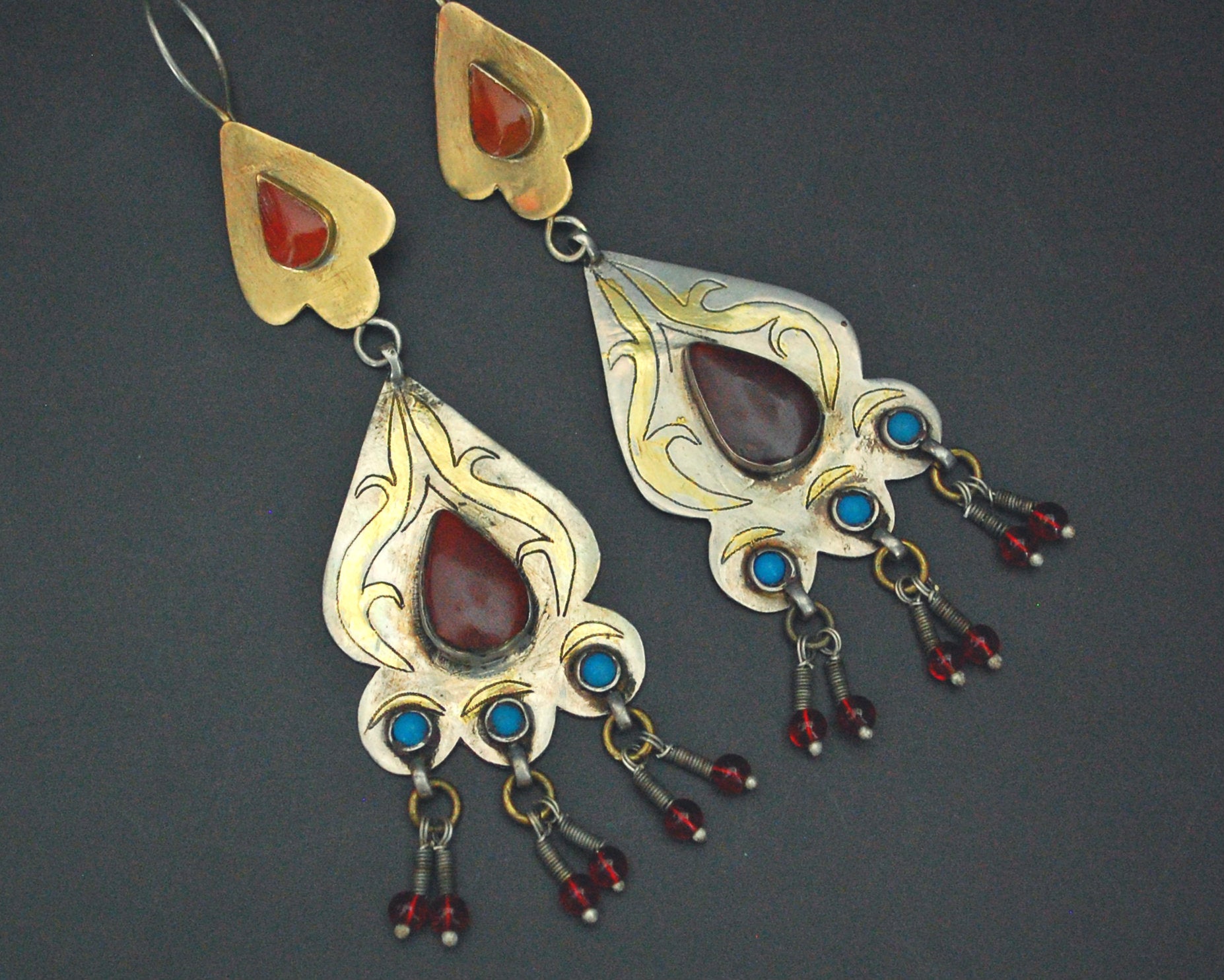 Turkmen Gilded Earrings with Carnelian and Turquoise